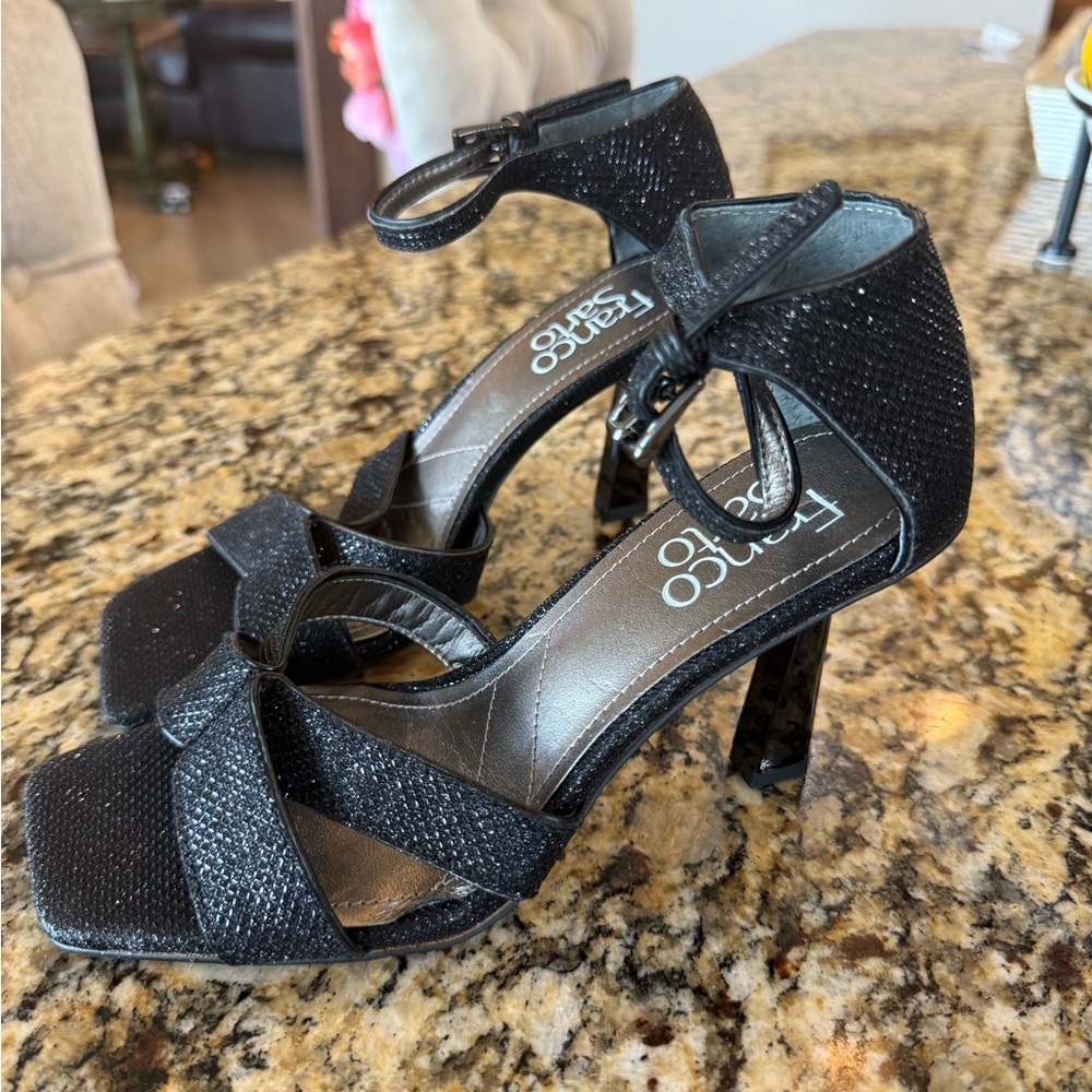 Franco Sarto Sandals Size 5 Black Leather Ankle Strap Sparkly Dress Heels NEW - Picture 3 of 6